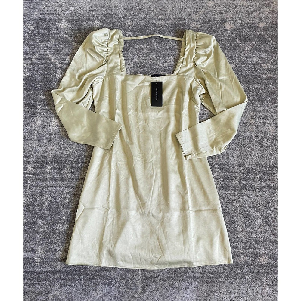 Danielle Bernstein Womens M Satin Dress Green Square Neck Long Sleeve NWT P1